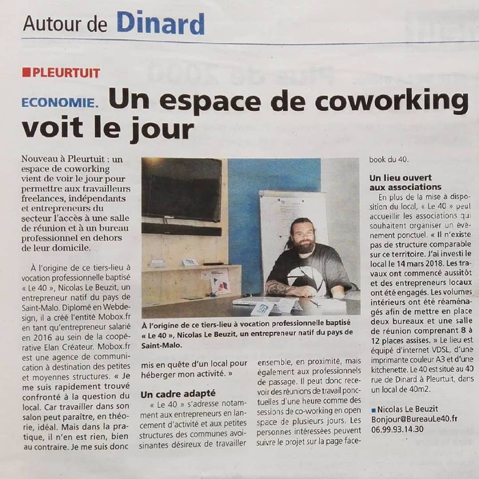 Article nouveau coworking à Dinard Pleurtuit 